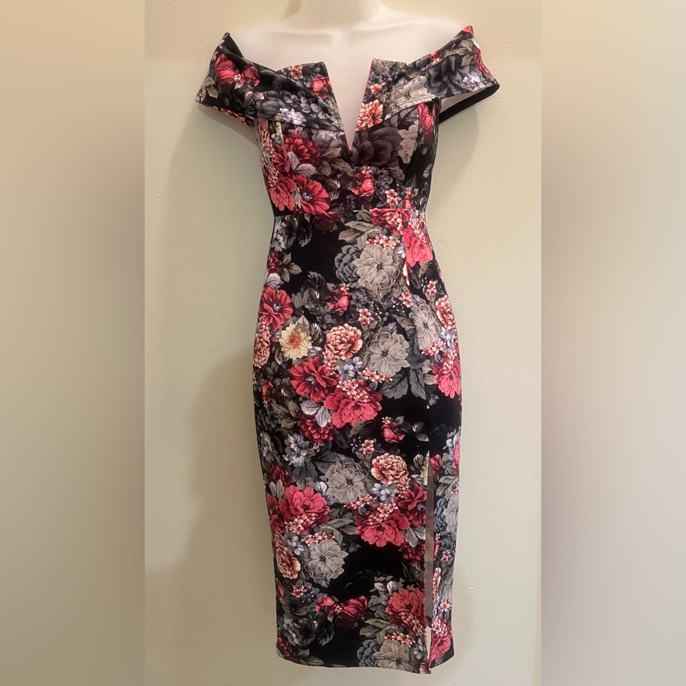 Floral midi dress with slit, off the shoulder, size small